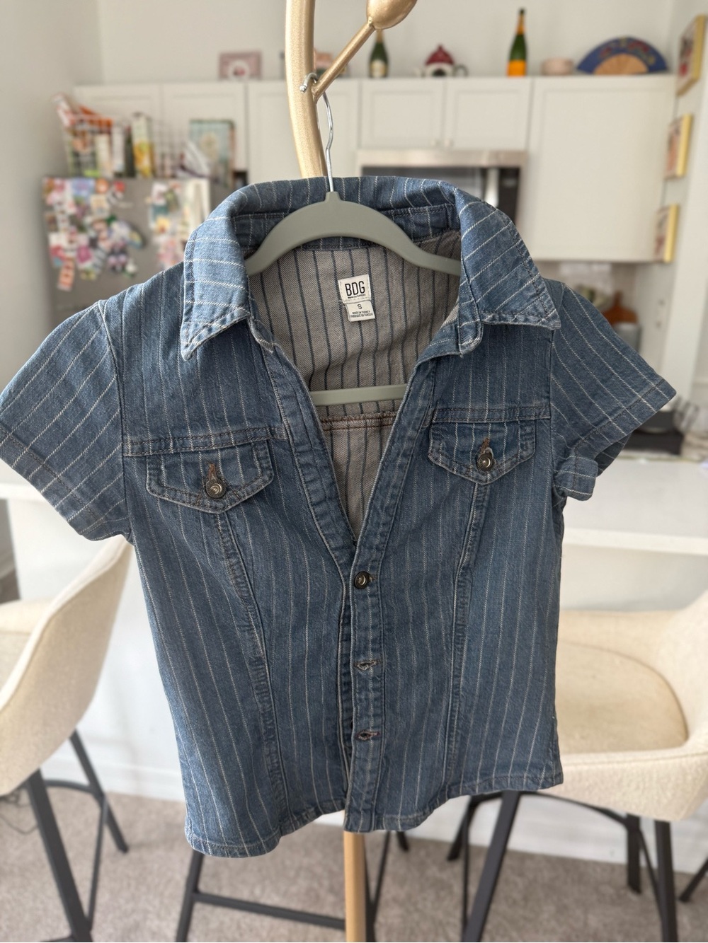 BDG Blue Pinstripe Short-Sleeve Button-Down Jean Shirt